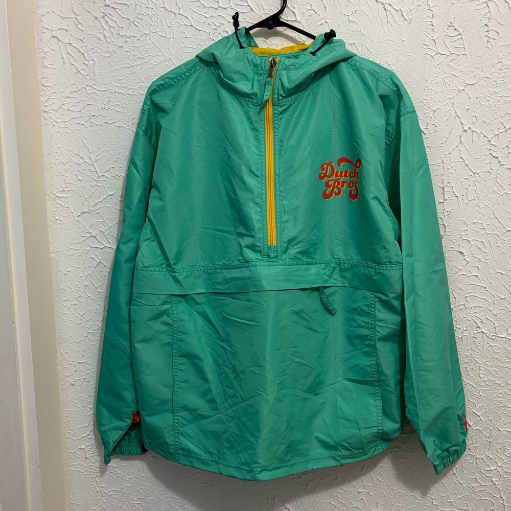 Dutch Bros anorak Teal Raincoat with Yellow Accents